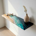 Deep Pine Floating Shelf with Resin Ocean Design – 20 cm Functional Coastal Wall Shelf, Handmade