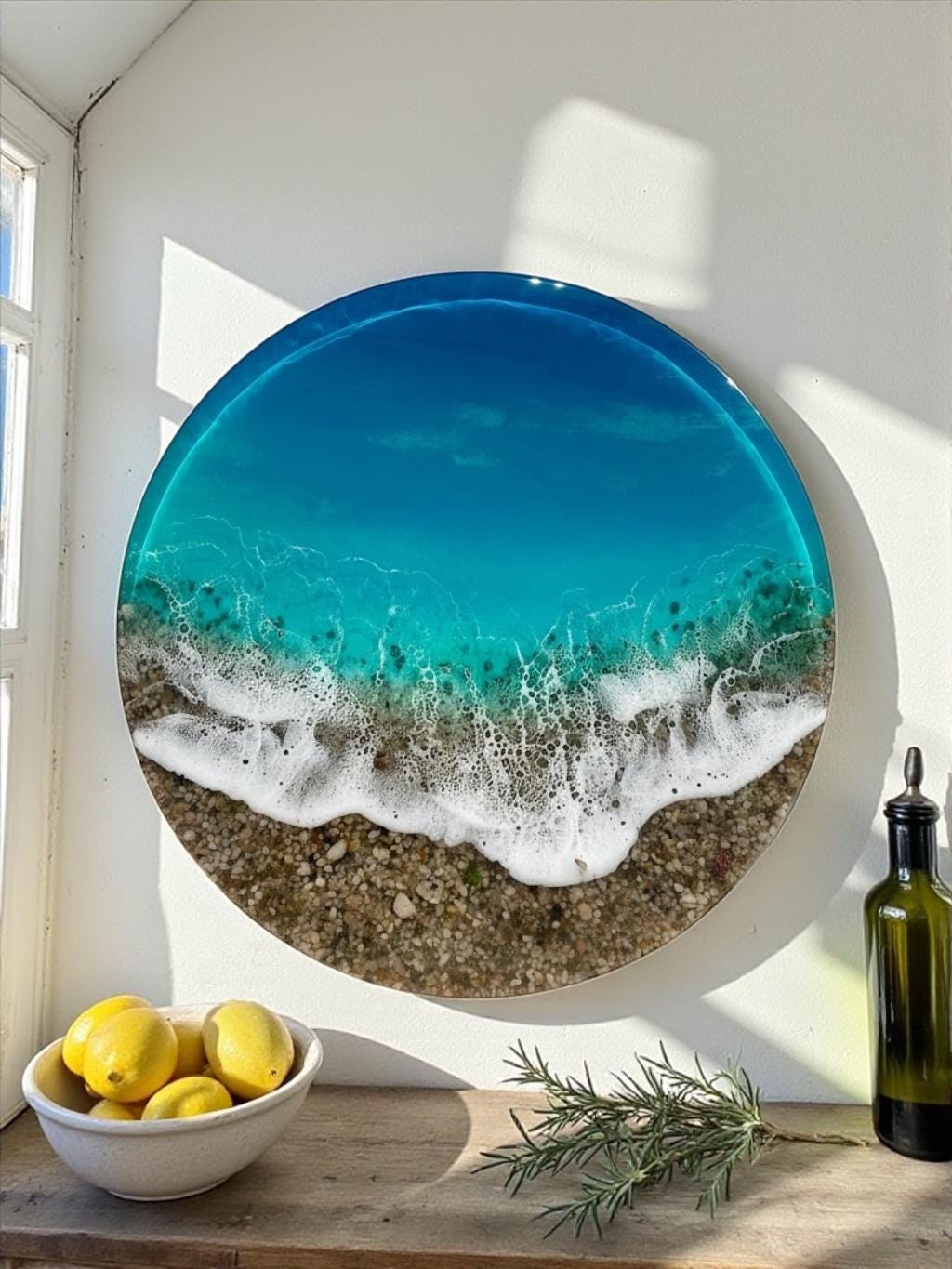 Large Ocean Resin Wall Art 60cm | 3D Coastal Statement Piece with Real Pebbles | Luxury Handmade Sea Artwork | Round Beach Wall Decor