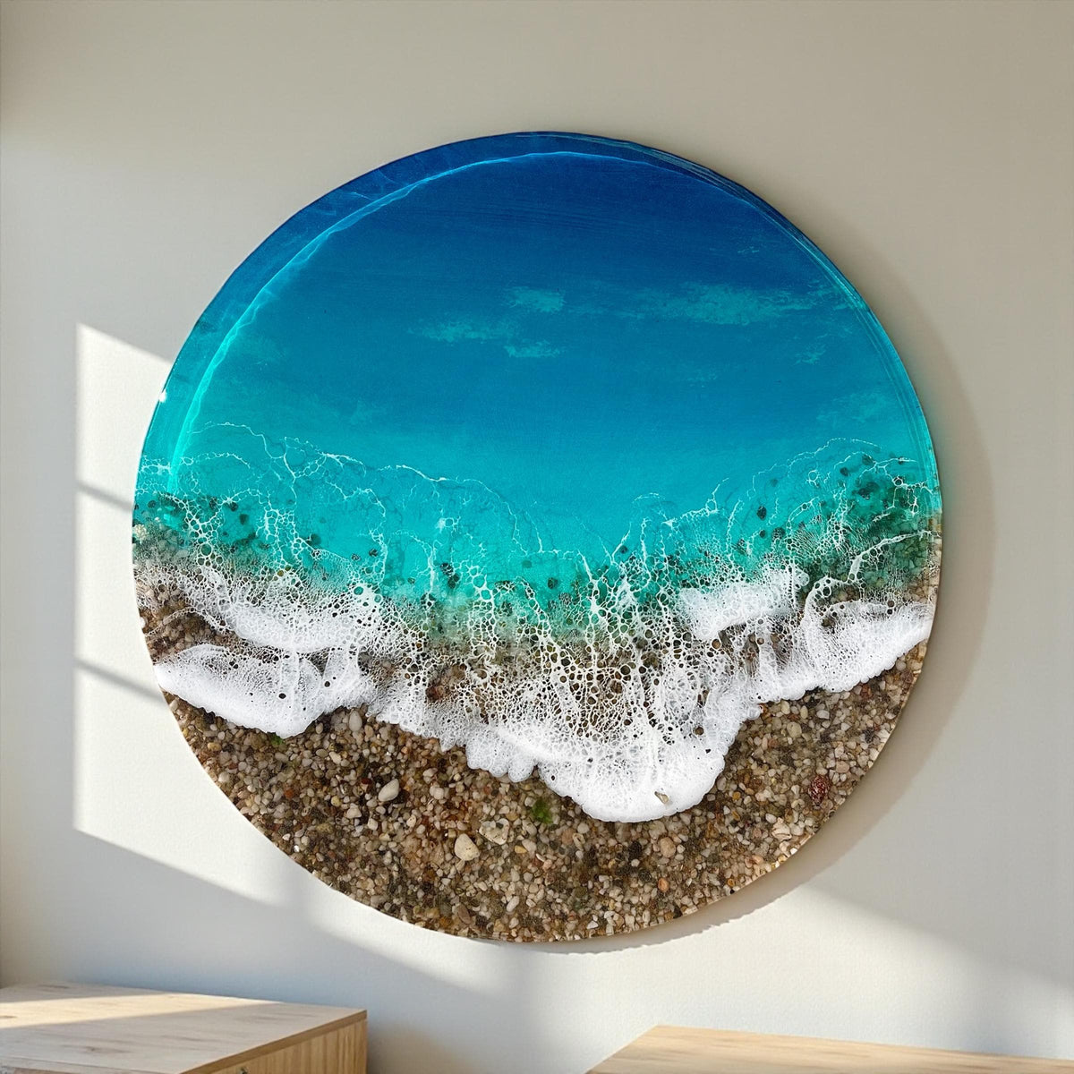Large Ocean Resin Wall Art 60cm | 3D Coastal Statement Piece with Real Pebbles | Luxury Handmade Sea Artwork | Round Beach Wall Decor