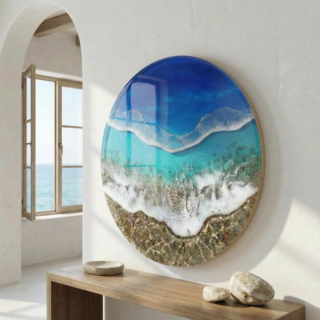 XL 3D Ocean Resin Wall Art with Real Pebbles | Large Statement Coastal Artwork | Luxury Round Beach Resin Wall Decor | Handmade Ocean Art