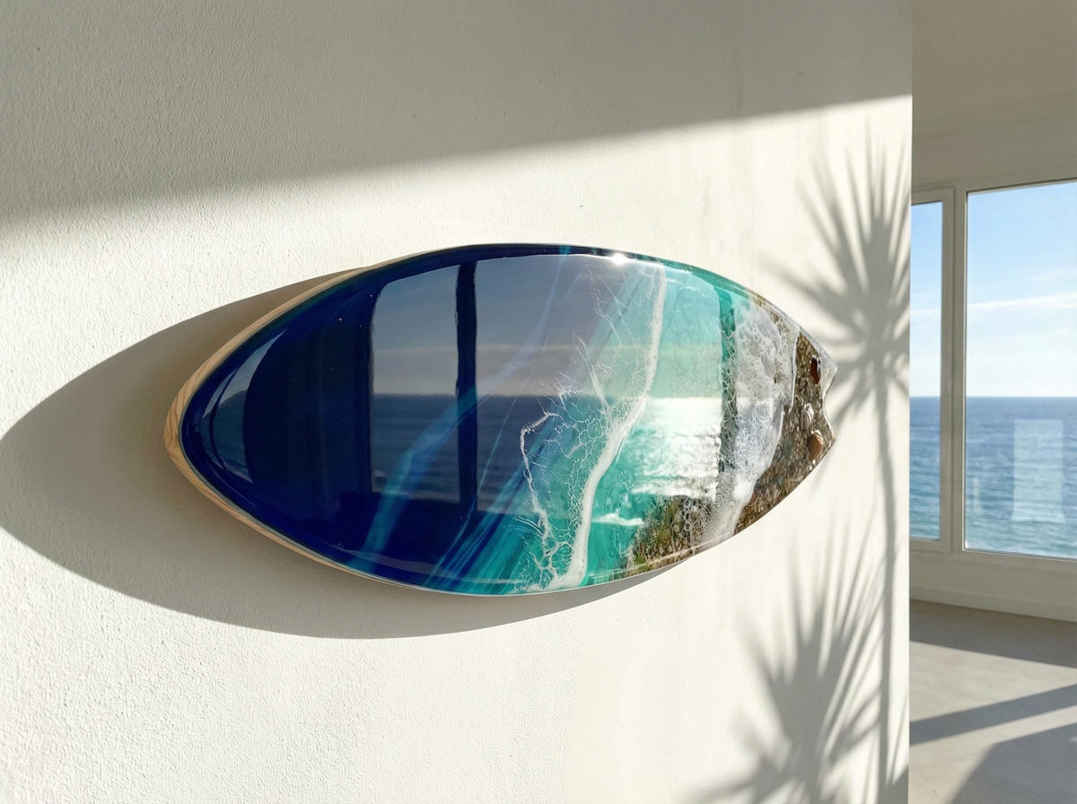 3D Resin Ocean Sculpture – 50cm & 80cm Wall Art | Handmade Surfboard Ocean Slice | Luxury Coastal Installation | Made-to-Order Coastal Decor