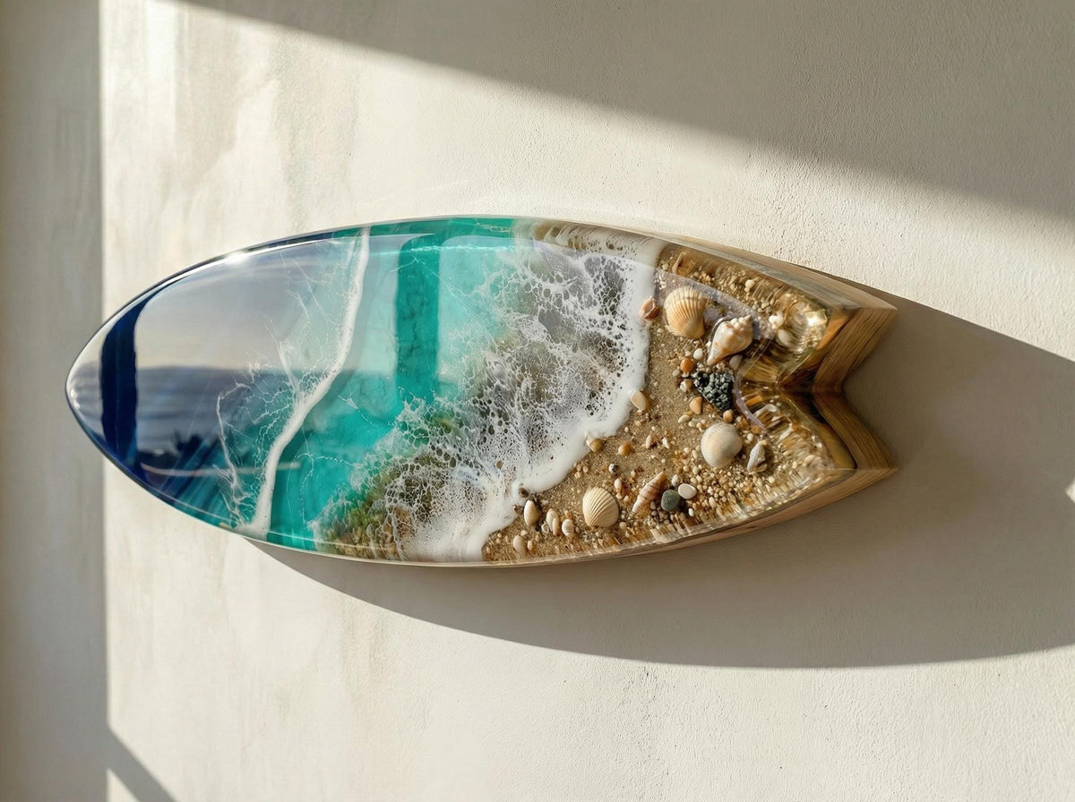 3D Resin Ocean Sculpture – 50cm & 80cm Wall Art | Handmade Surfboard Ocean Slice | Luxury Coastal Installation | Made-to-Order Coastal Decor