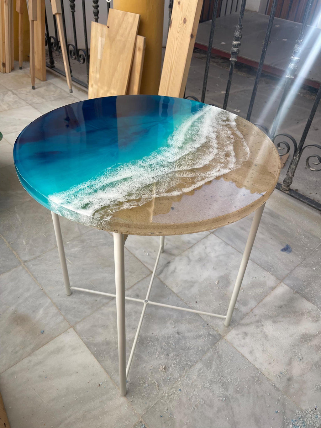 3D Resin Ocean Coffee Table | Handmade Coastal Functional Art | Round Beach Table with Realistic Wave Depth | Modern Mediterranean Design