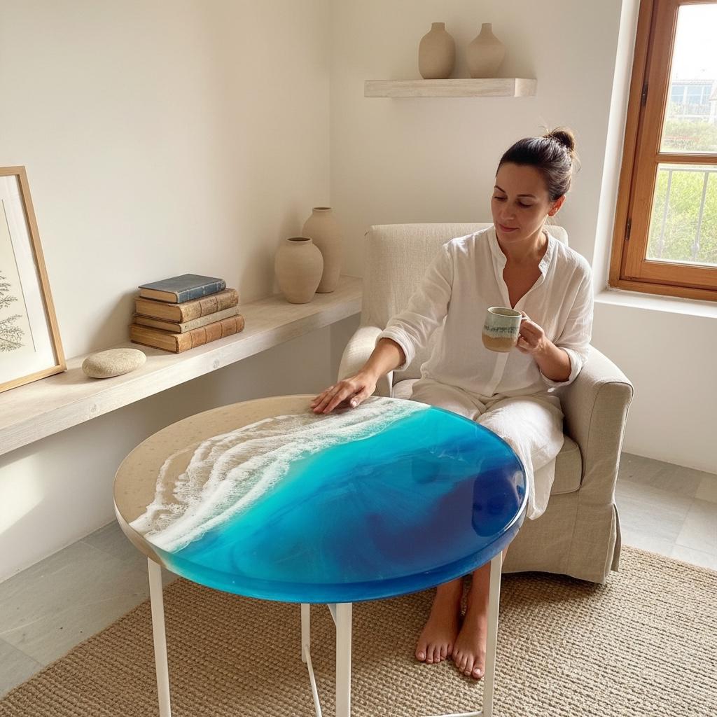 3D Resin Ocean Coffee Table | Handmade Coastal Functional Art | Round Beach Table with Realistic Wave Depth | Modern Mediterranean Design