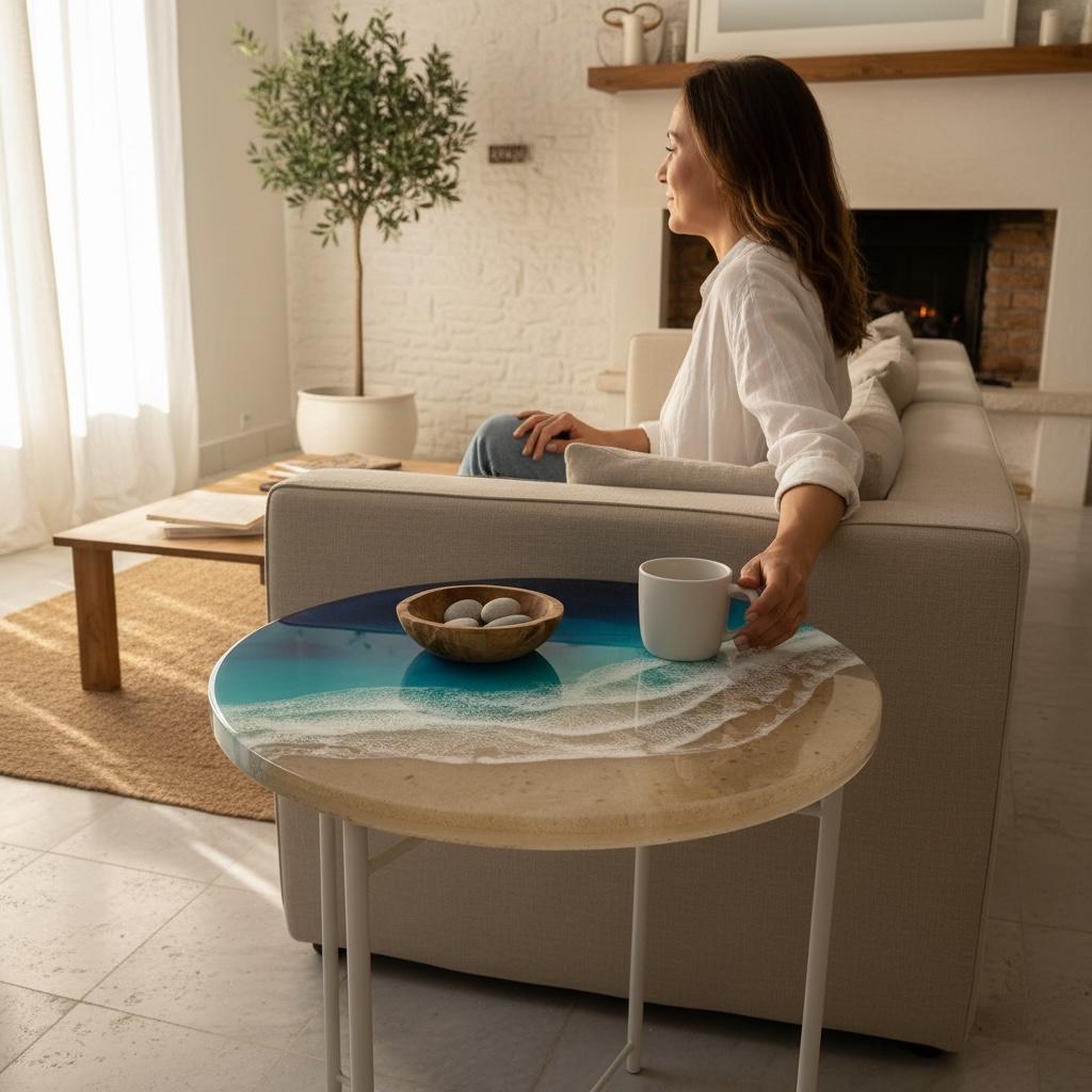 3D Resin Ocean Coffee Table | Handmade Coastal Functional Art | Round Beach Table with Realistic Wave Depth | Modern Mediterranean Design
