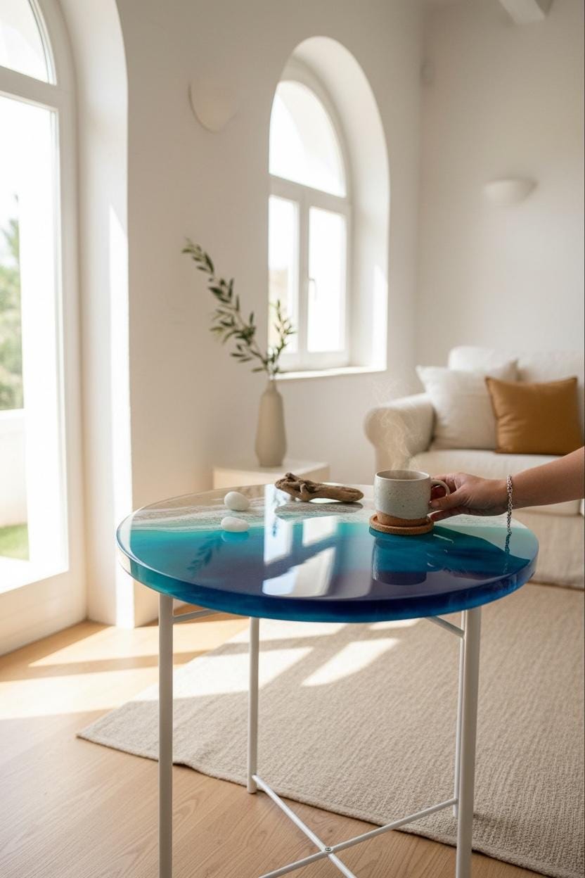 3D Resin Ocean Coffee Table | Handmade Coastal Functional Art | Round Beach Table with Realistic Wave Depth | Modern Mediterranean Design