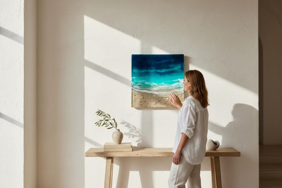 Ocean Window Resin Wall Art 30x30cm / 3D Coastal Beach Scene with Real Sand and Shells / Pine Wood Base / Mediterranean Ocean Decor