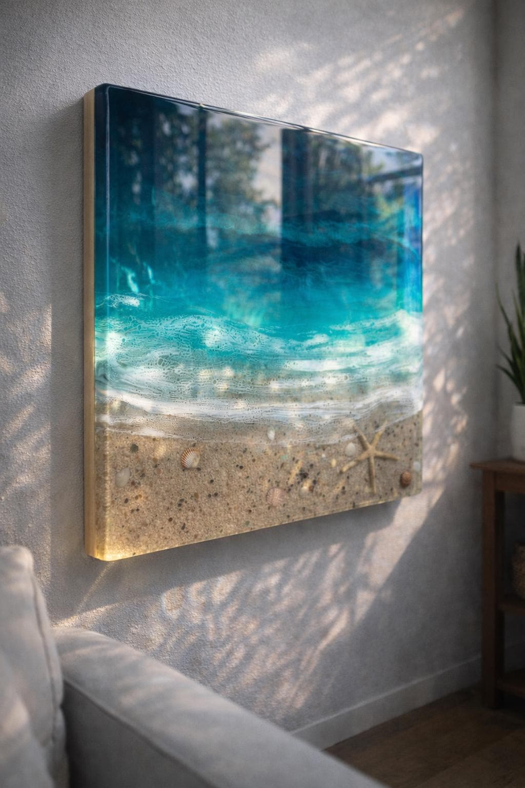 Ocean Window Resin Wall Art 30x30cm / 3D Coastal Beach Scene with Real Sand and Shells / Pine Wood Base / Mediterranean Ocean Decor