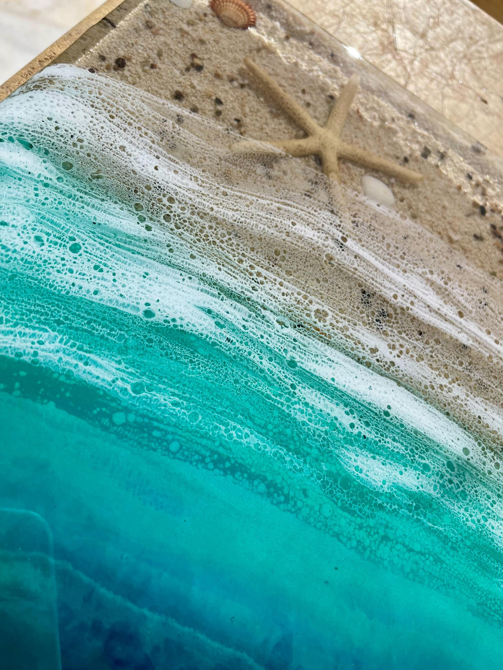 Ocean Window Resin Wall Art 30x30cm / 3D Coastal Beach Scene with Real Sand and Shells / Pine Wood Base / Mediterranean Ocean Decor