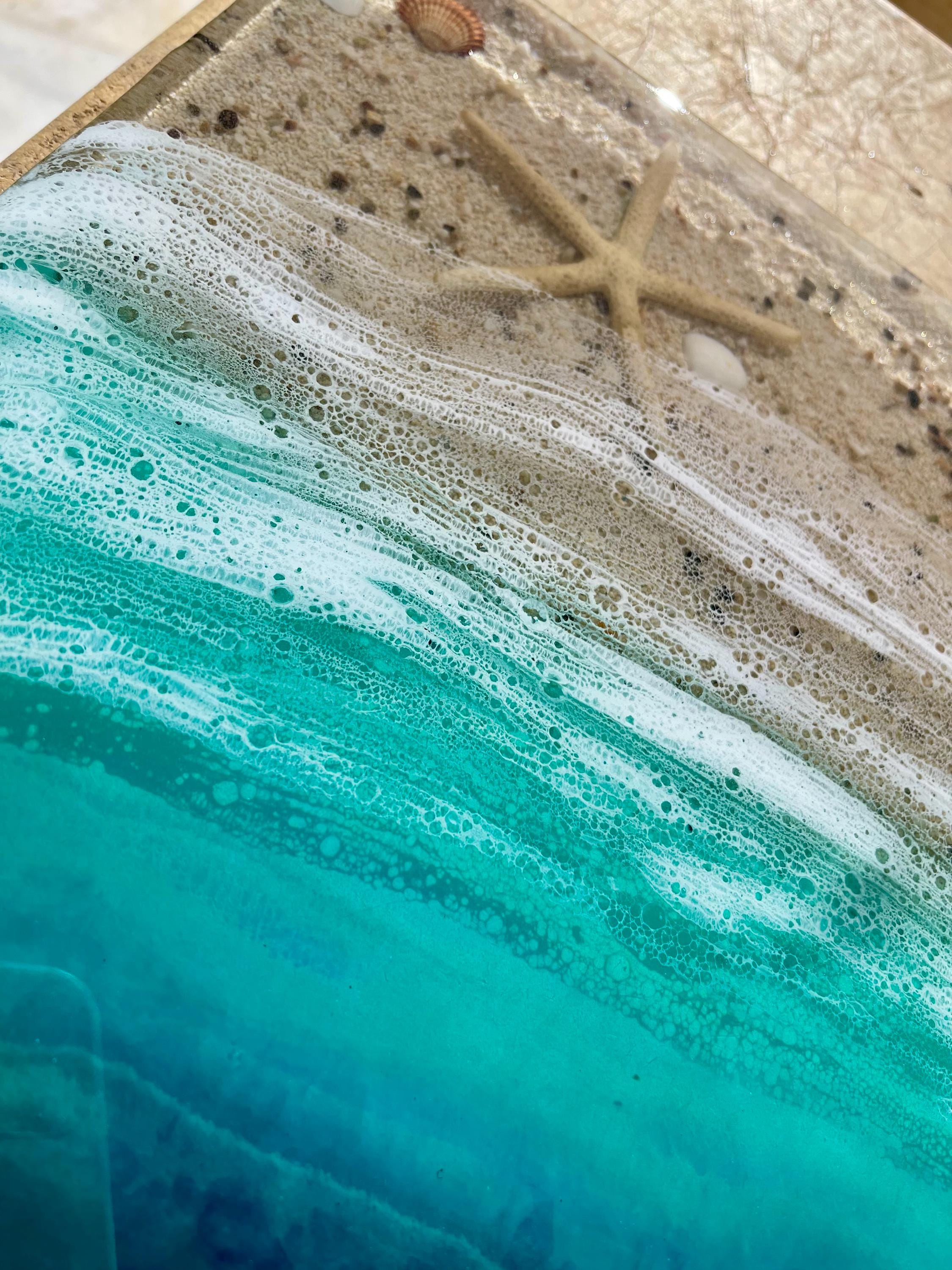 Ocean Window Resin Wall Art 30x30cm / 3D Coastal Beach Scene with Real Sand and Shells / Pine Wood Base / Mediterranean Ocean Decor