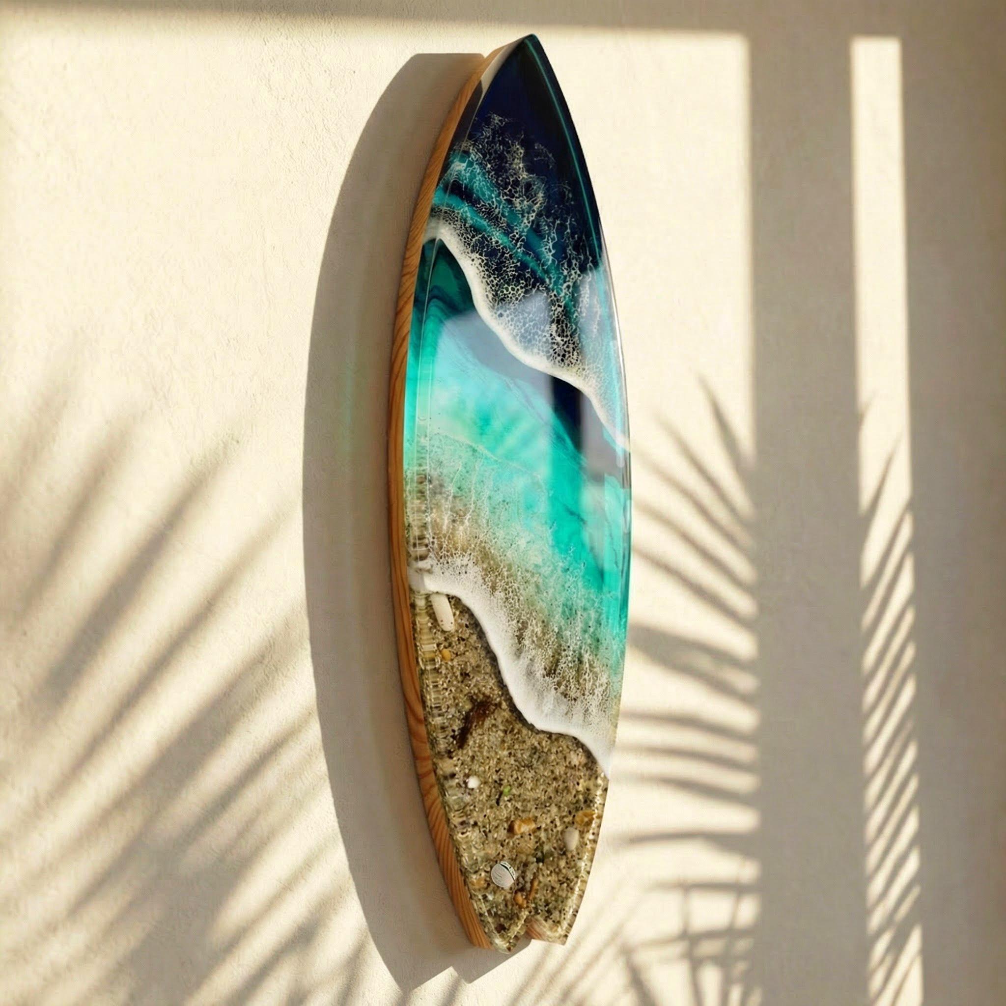 Large Vertical Resin Surfboard Wall Art – 3D Ocean Sculpture on Pine Wood Base, Handmade Luxury Coastal Statement Piece, 100cm / 120cm
