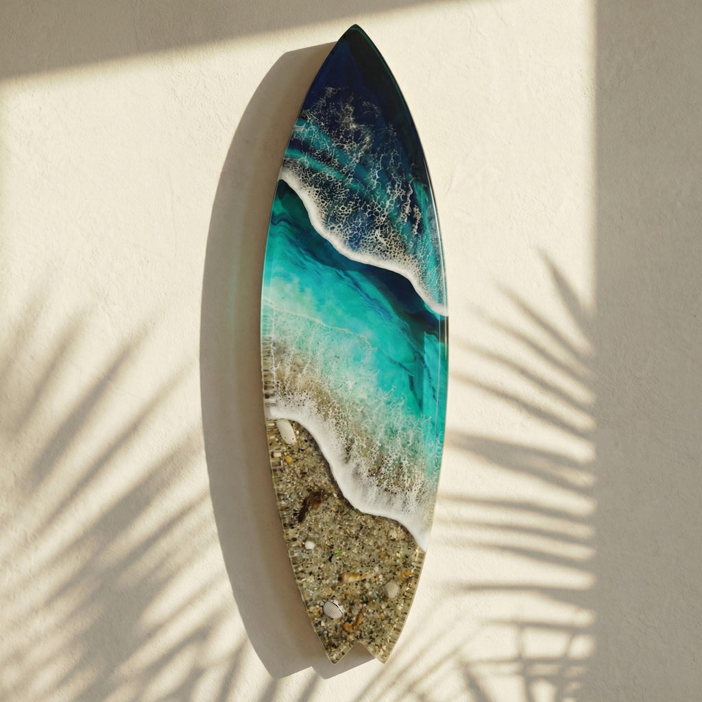Large Vertical Resin Surfboard Wall Art – 3D Ocean Sculpture on Pine Wood Base, Handmade Luxury Coastal Statement Piece, 100cm / 120cm