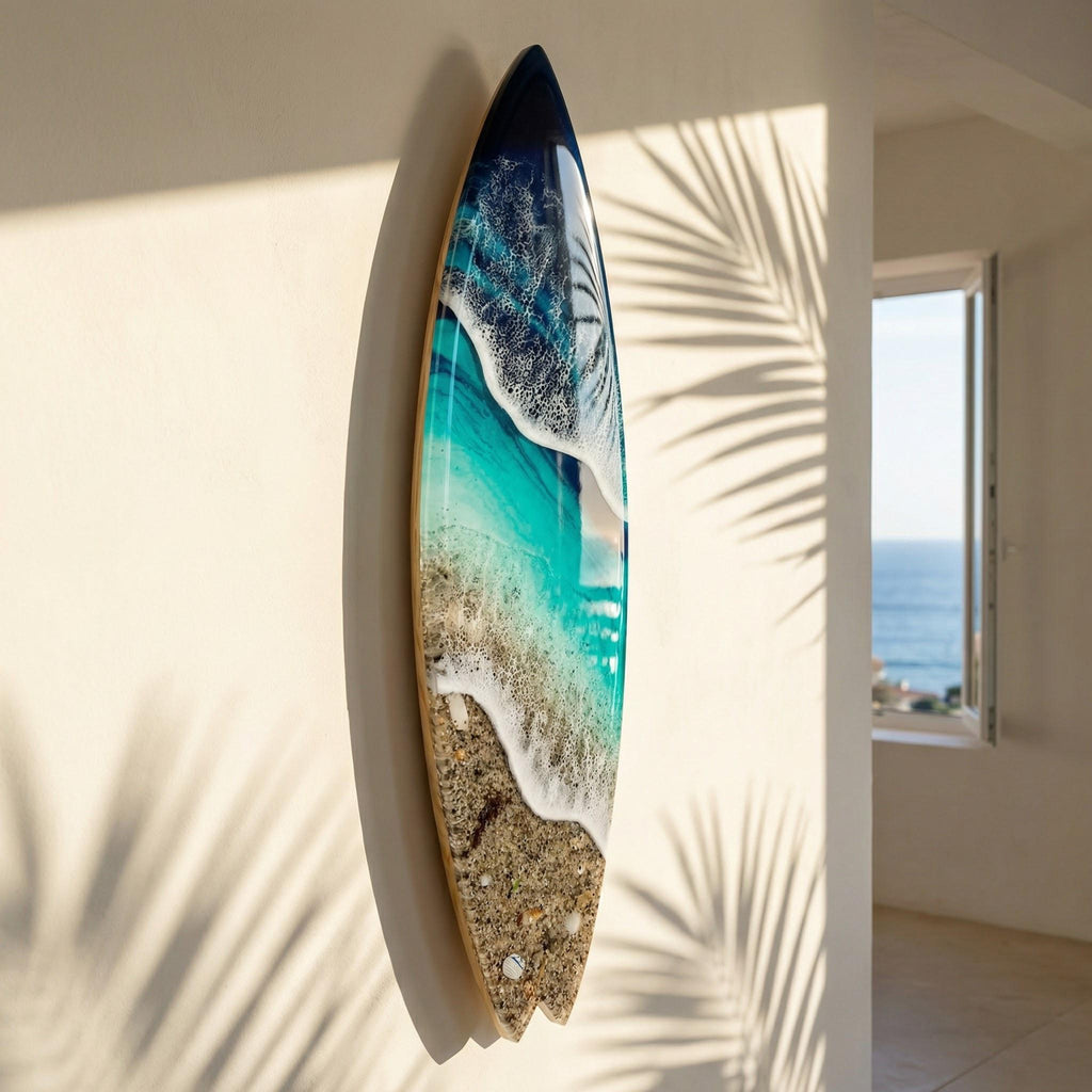 Large Vertical Resin Surfboard Wall Art – 3D Ocean Sculpture on Pine Wood Base, Handmade Luxury Coastal Statement Piece, 100cm / 120cm