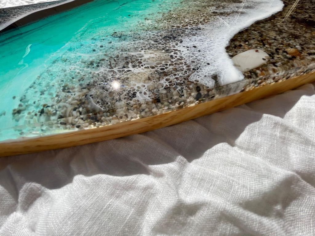 Large Vertical Resin Surfboard Wall Art – 3D Ocean Sculpture on Pine Wood Base, Handmade Luxury Coastal Statement Piece, 100cm / 120cm