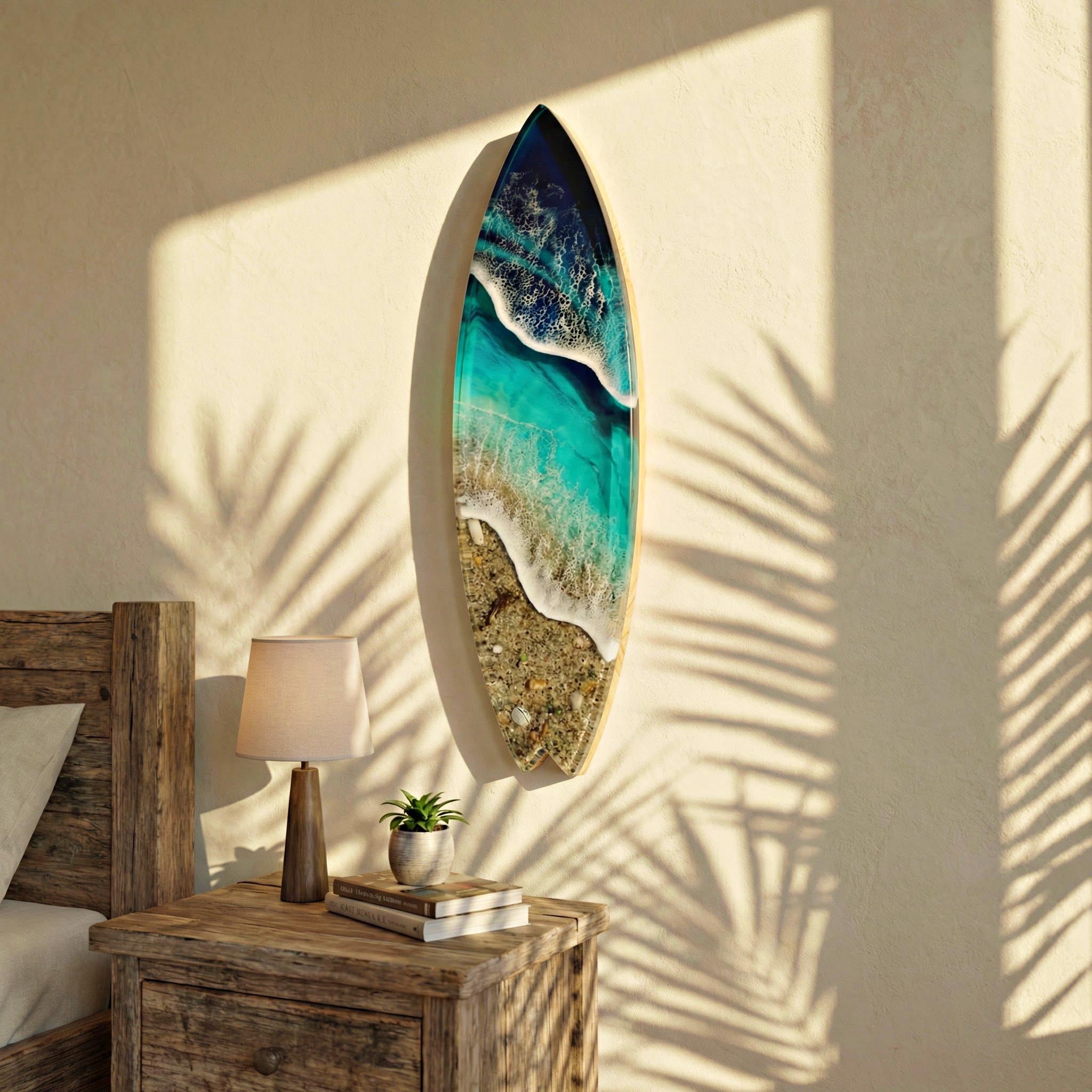 Vertical Resin Surfboard Wall Art – 3D Ocean Sculpture on Pine Wood Base, Handmade Coastal Statement Decor, Small Surfboard Art 50cm / 80cm