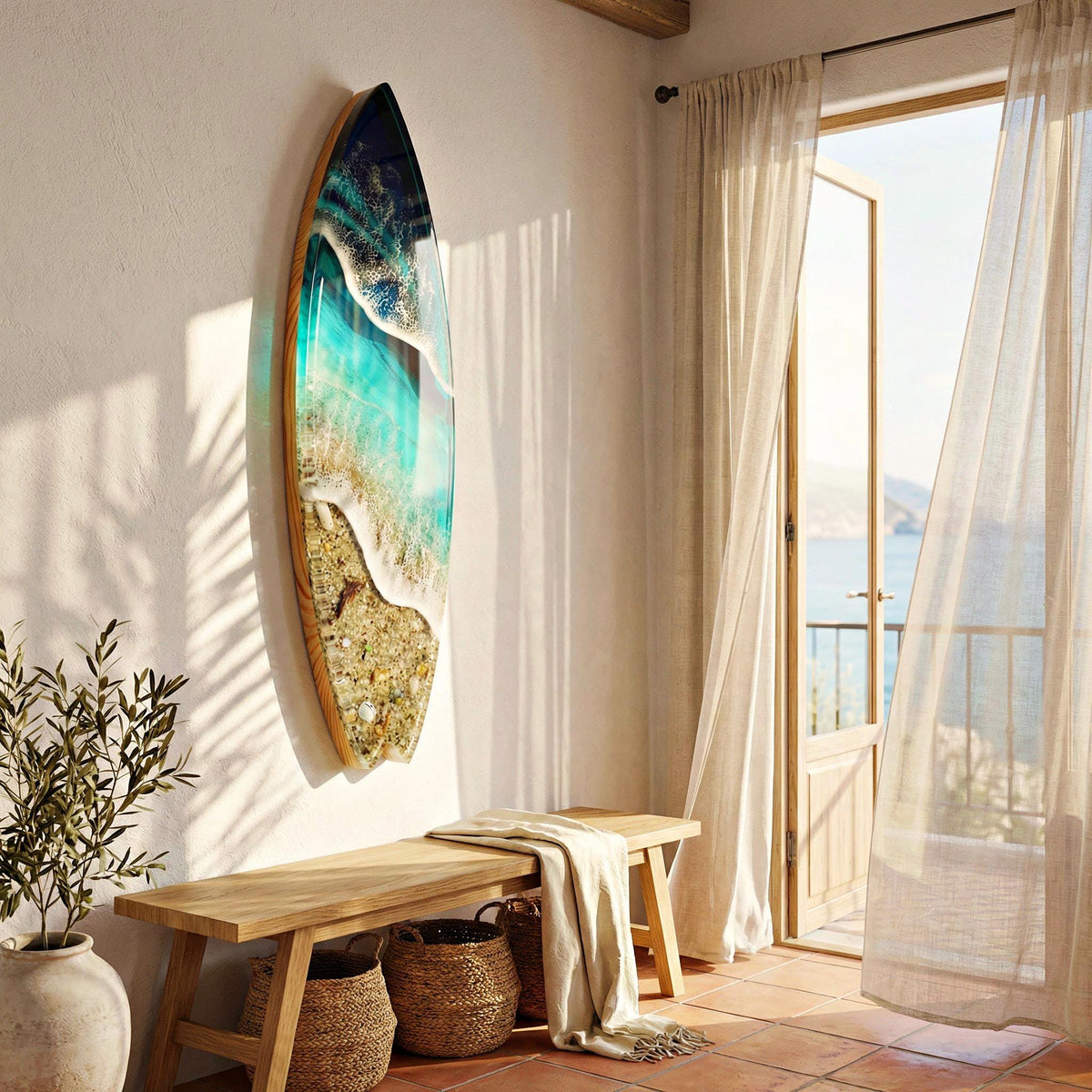 Large Vertical Resin Surfboard Wall Art – 3D Ocean Sculpture on Pine Wood Base, Handmade Luxury Coastal Statement Piece, 100cm / 120cm