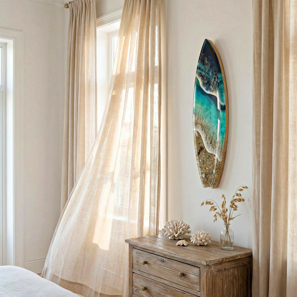 Vertical Resin Surfboard Wall Art – 3D Ocean Sculpture on Pine Wood Base, Handmade Coastal Statement Decor, Small Surfboard Art 50cm / 80cm