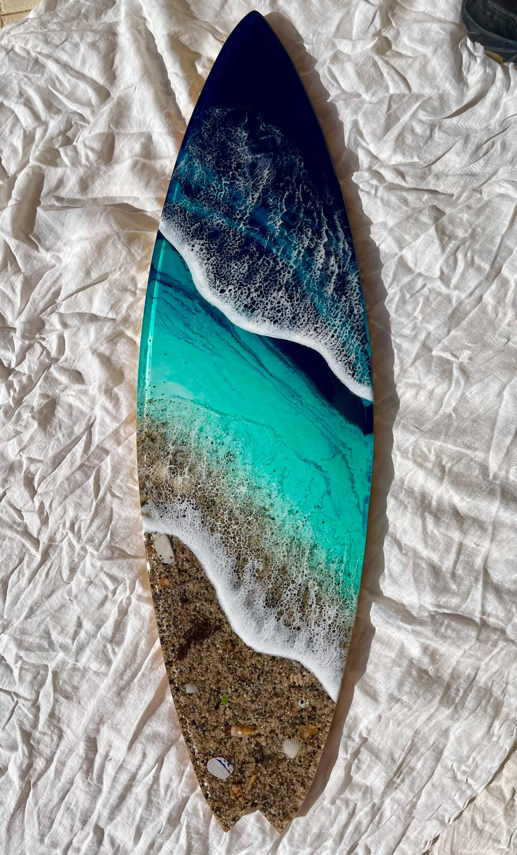 Vertical Resin Surfboard Wall Art – 3D Ocean Sculpture on Pine Wood Base, Handmade Coastal Statement Decor, Small Surfboard Art 50cm / 80cm