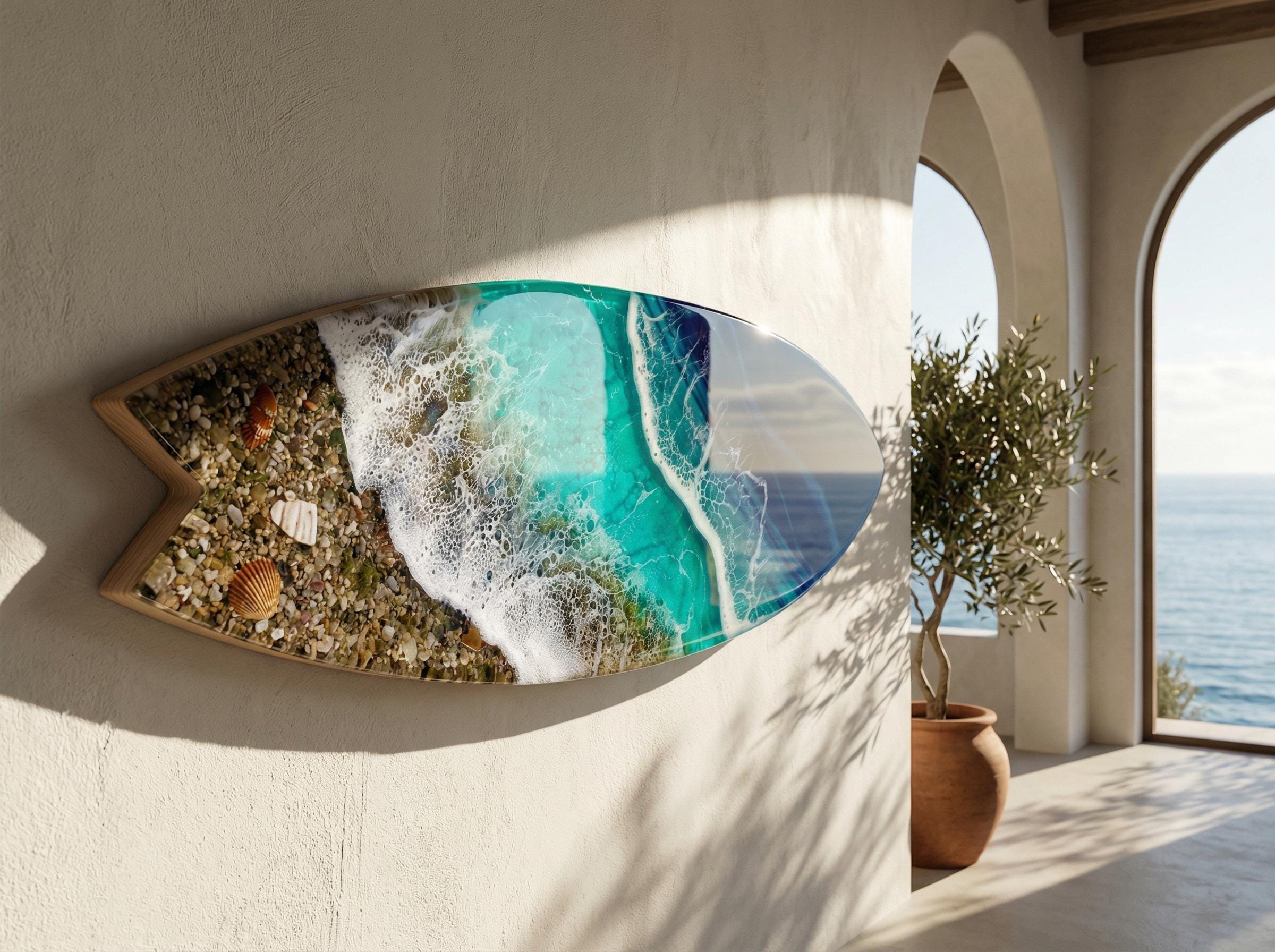 3D Resin Ocean Sculpture – 50cm & 80cm Wall Art | Handmade Surfboard Ocean Slice | Luxury Coastal Installation | Made-to-Order Coastal Decor