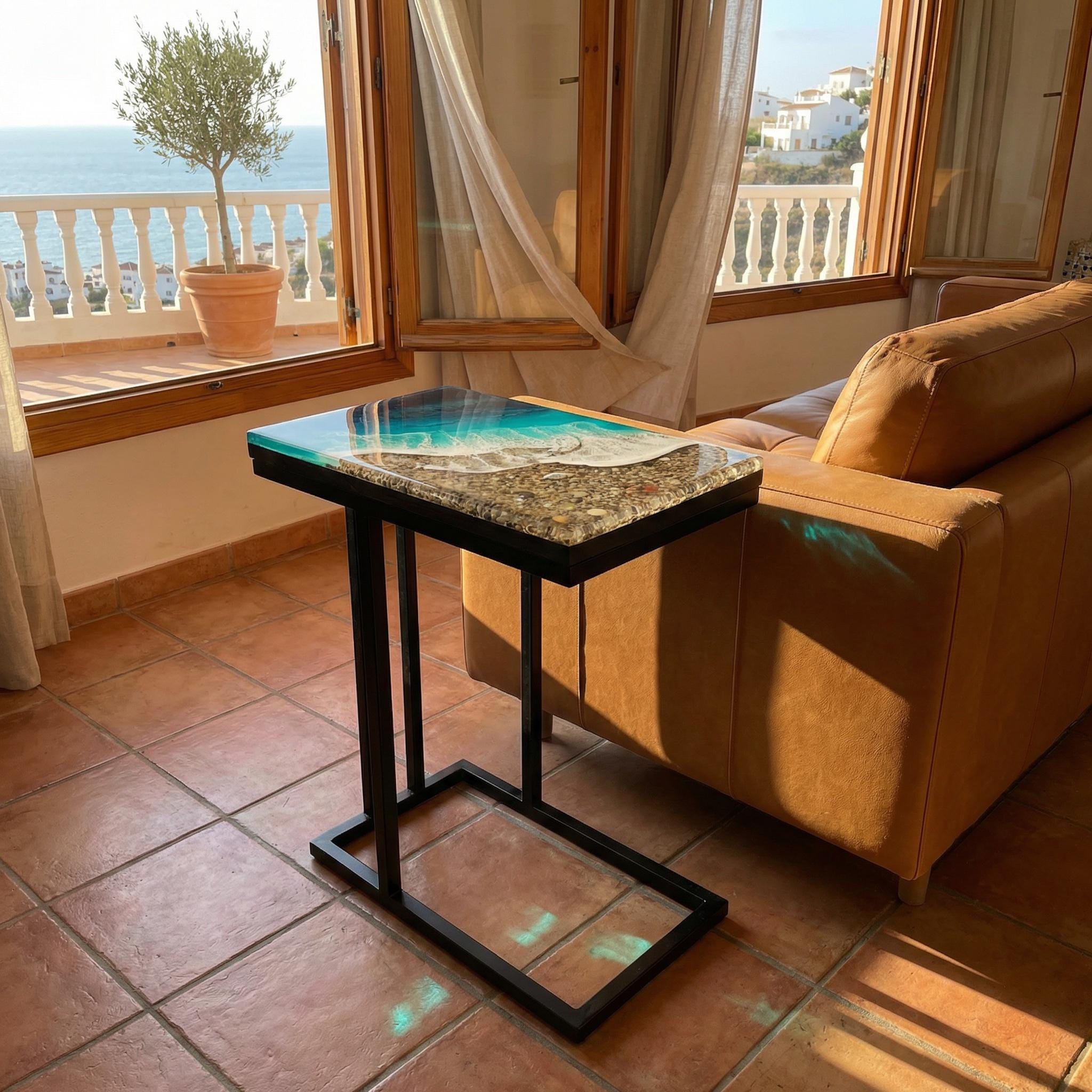 Handmade Resin Ocean Side Table – 3D Ocean Window Coastal C Table – Modern Sofa Table – Functional Resin Art Furniture – Beach House Decor
