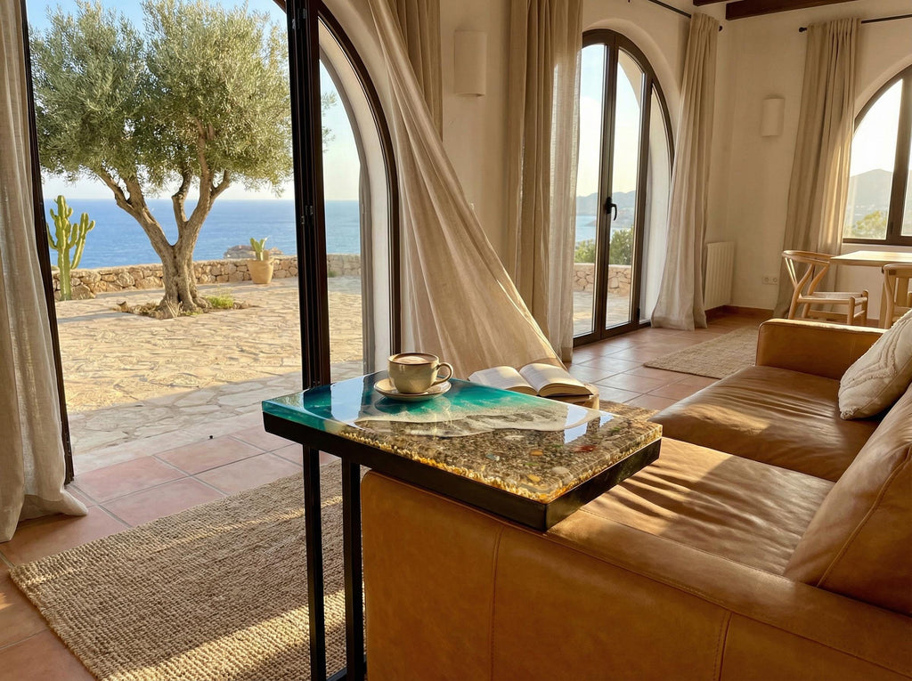 Handmade Resin Ocean Side Table – 3D Ocean Window Coastal C Table – Modern Sofa Table – Functional Resin Art Furniture – Beach House Decor