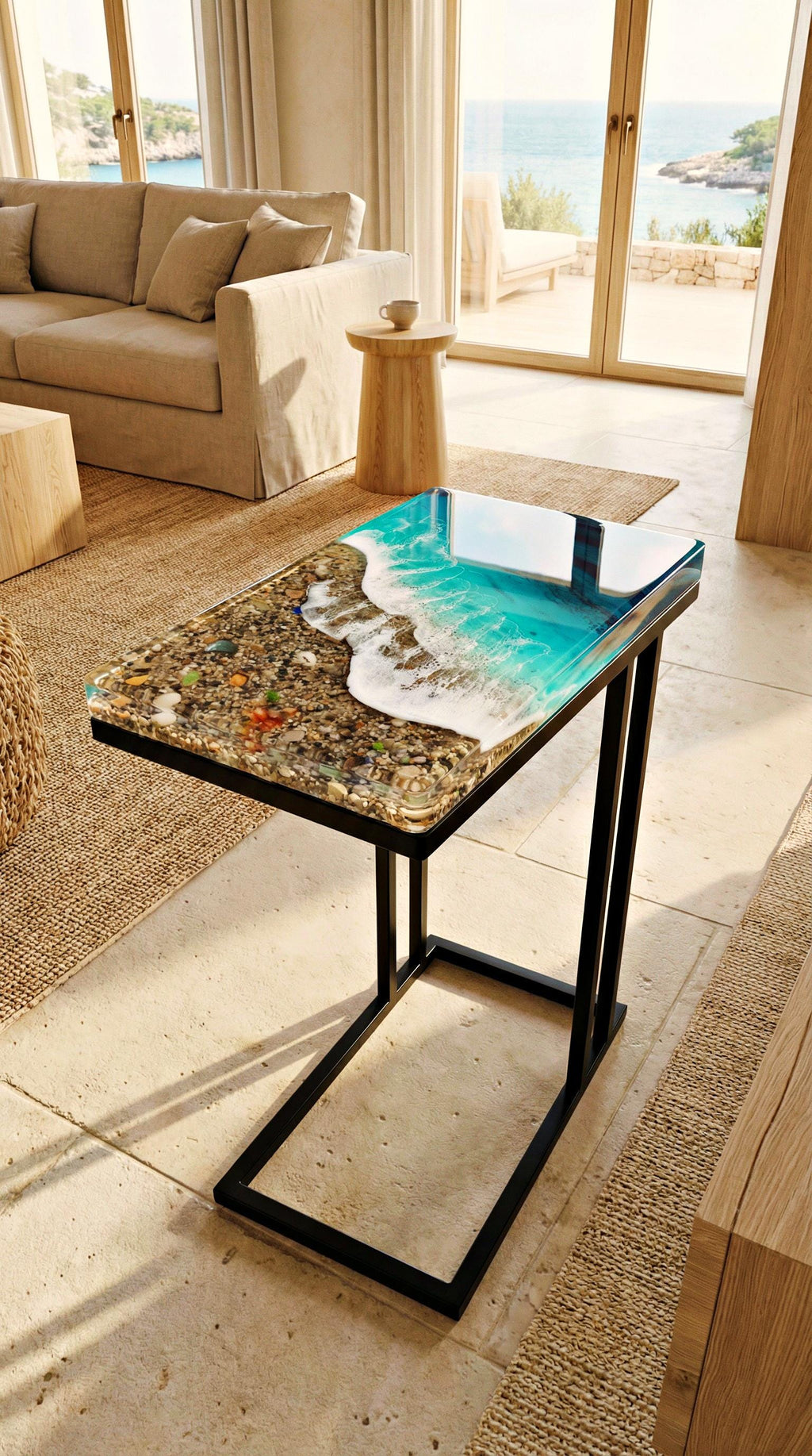 Handmade Resin Ocean Side Table – 3D Ocean Window Coastal C Table – Modern Sofa Table – Functional Resin Art Furniture – Beach House Decor