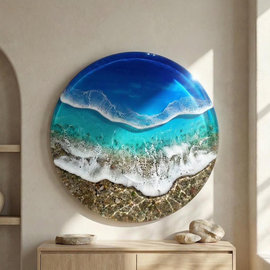 Round Ocean Resin Wall Art 40cm | 3D Coastal Wall Decor with Real Pebbles | Handmade Beach Artwork | Small Sea Art Gift