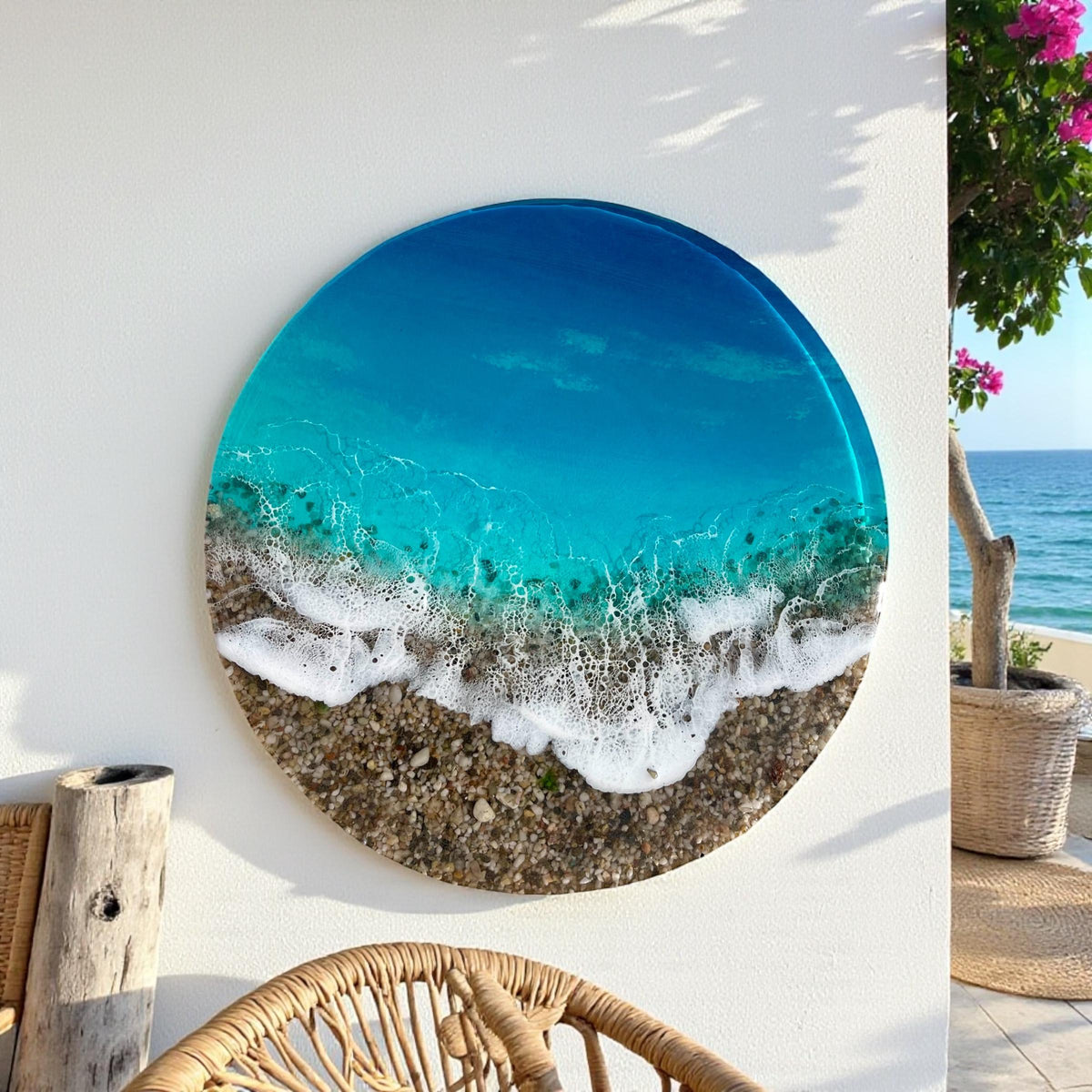 Large Ocean Resin Wall Art 60cm | 3D Coastal Statement Piece with Real Pebbles | Luxury Handmade Sea Artwork | Round Beach Wall Decor