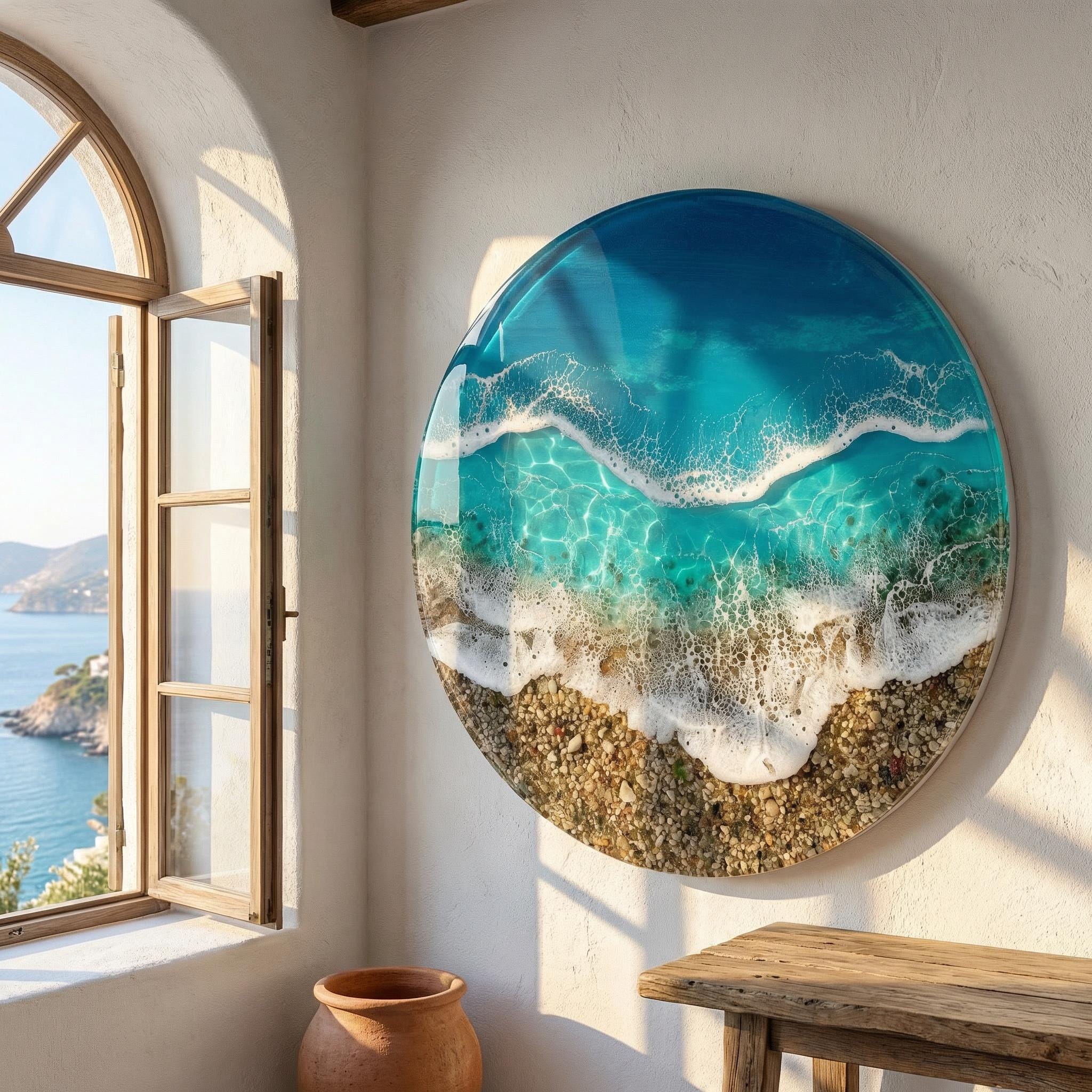 Large Ocean Resin Wall Art 60cm | 3D Coastal Statement Piece with Real Pebbles | Luxury Handmade Sea Artwork | Round Beach Wall Decor