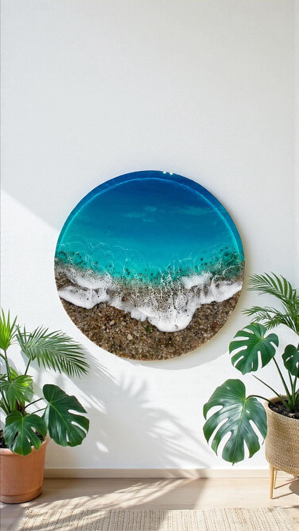 Large Ocean Resin Wall Art 60cm | 3D Coastal Statement Piece with Real Pebbles | Luxury Handmade Sea Artwork | Round Beach Wall Decor