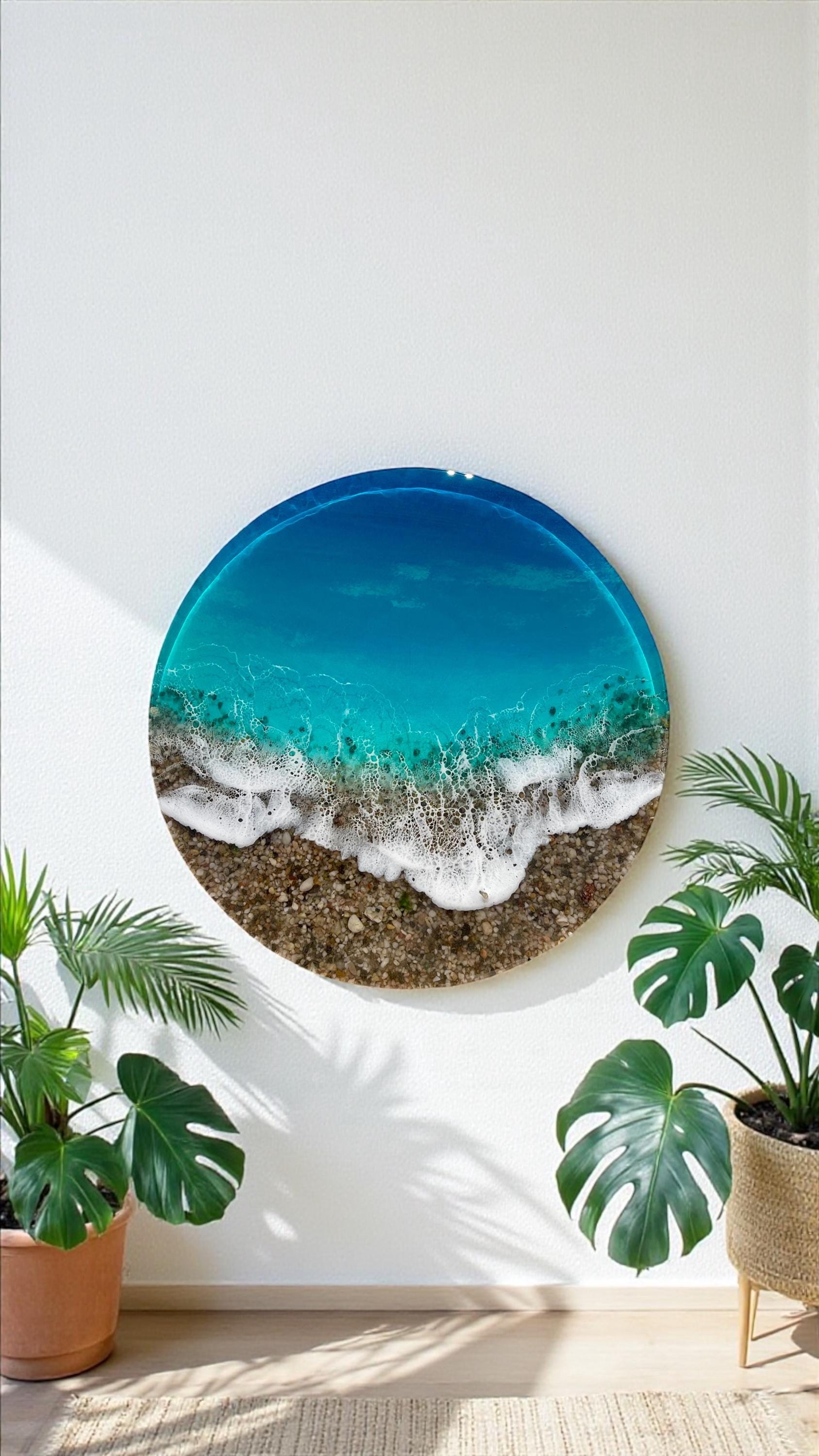 Large Ocean Resin Wall Art 60cm | 3D Coastal Statement Piece with Real Pebbles | Luxury Handmade Sea Artwork | Round Beach Wall Decor