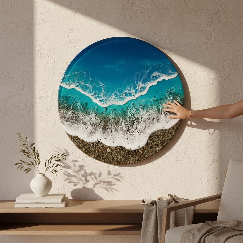 XL 3D Ocean Resin Wall Art with Real Pebbles | Large Statement Coastal Artwork | Luxury Round Beach Resin Wall Decor | Handmade Ocean Art