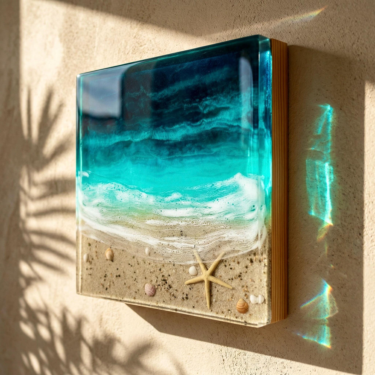 Ocean Window Resin Wall Art 30x30cm / 3D Coastal Beach Scene with Real Sand and Shells / Pine Wood Base / Mediterranean Ocean Decor
