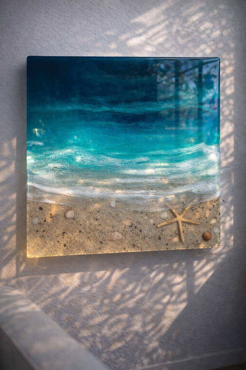 Ocean Window Resin Wall Art 30x30cm / 3D Coastal Beach Scene with Real Sand and Shells / Pine Wood Base / Mediterranean Ocean Decor