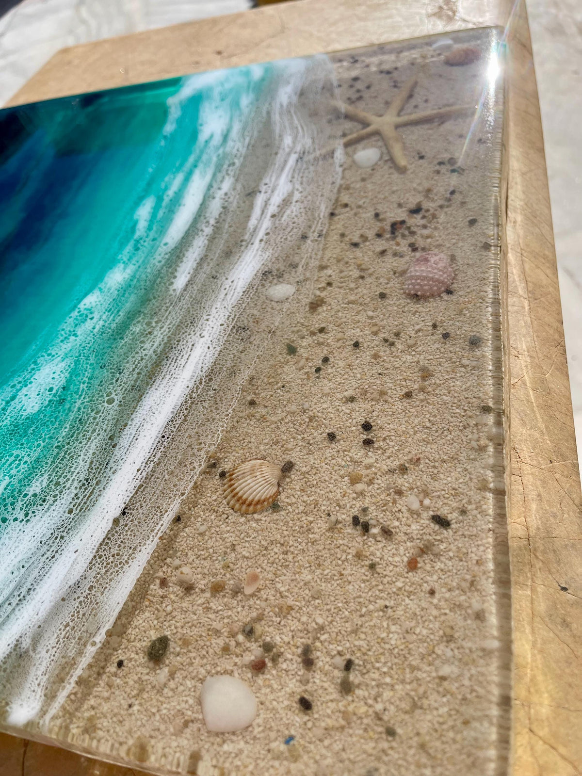 Ocean Window Resin Wall Art 30x30cm / 3D Coastal Beach Scene with Real Sand and Shells / Pine Wood Base / Mediterranean Ocean Decor
