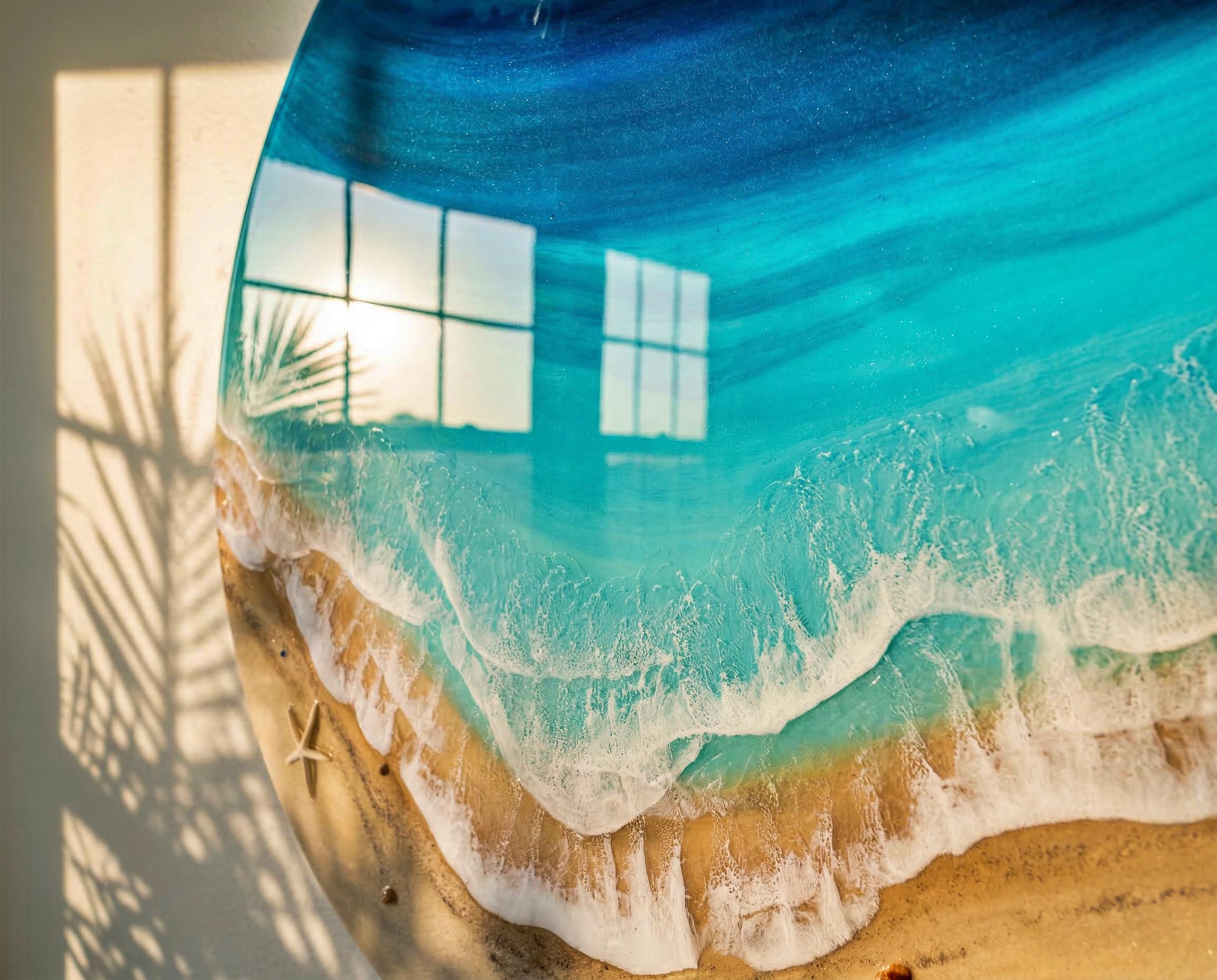 Large Resin Ocean Wall Art – 100cm Round Epoxy Wave Painting – XL 3D Beach Resin Art – Coastal Home Decor – Big Ocean Wall Hanging