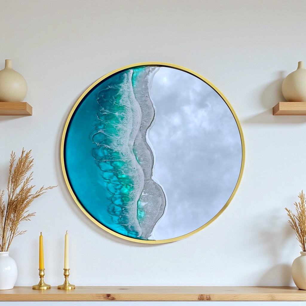 50cm Gold Frame Resin Wave Mirror, Coastal Ocean Wall Mirror, Turquoise Blue Beach House Decor, Round Sea Mirror, Handmade Resin Art