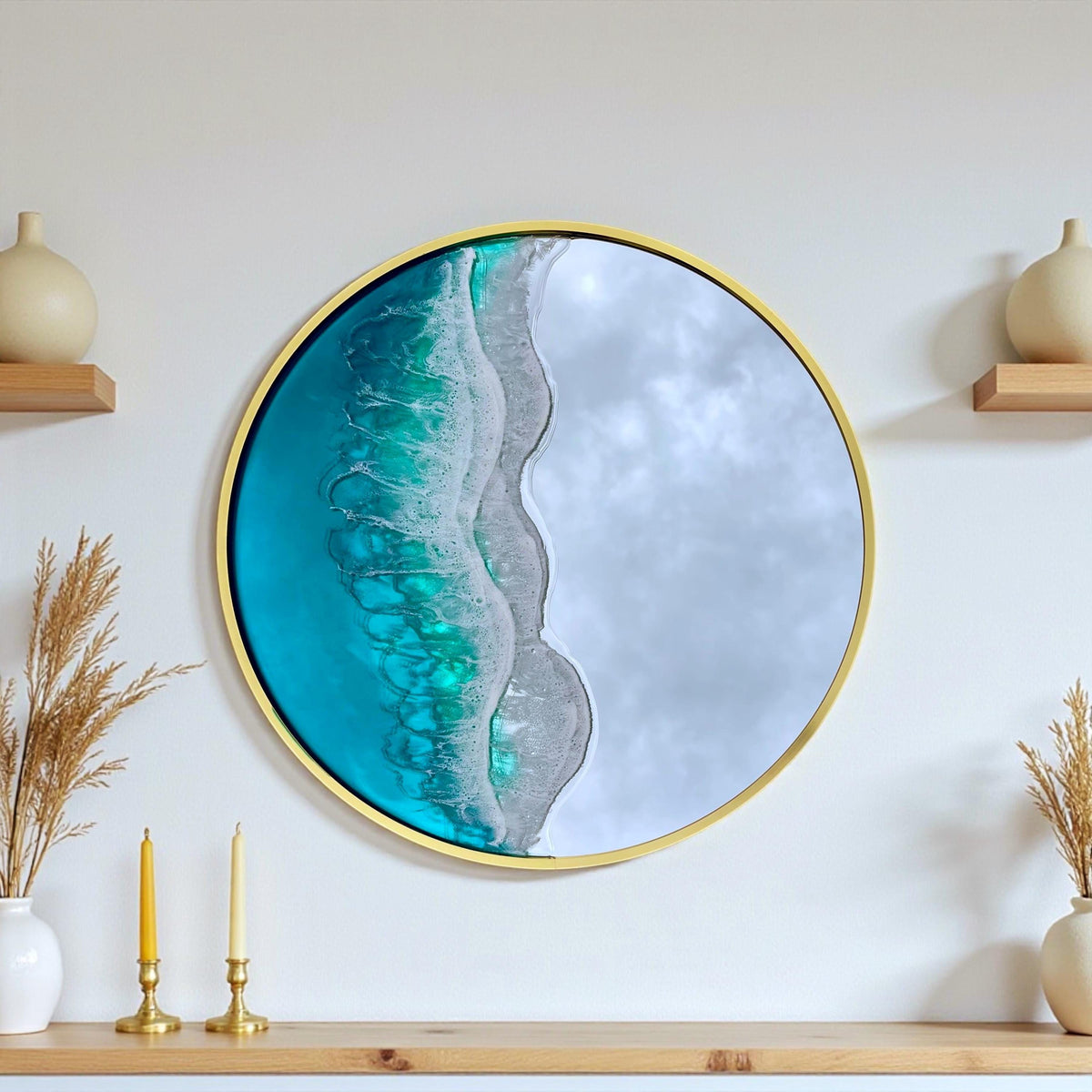 50cm Gold Frame Resin Wave Mirror, Coastal Ocean Wall Mirror, Turquoise Blue Beach House Decor, Round Sea Mirror, Handmade Resin Art