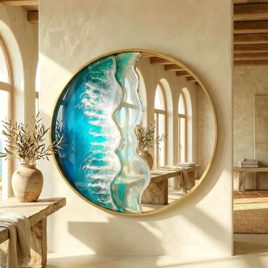 50cm Gold Frame Resin Wave Mirror, Coastal Ocean Wall Mirror, Turquoise Blue Beach House Decor, Round Sea Mirror, Handmade Resin Art