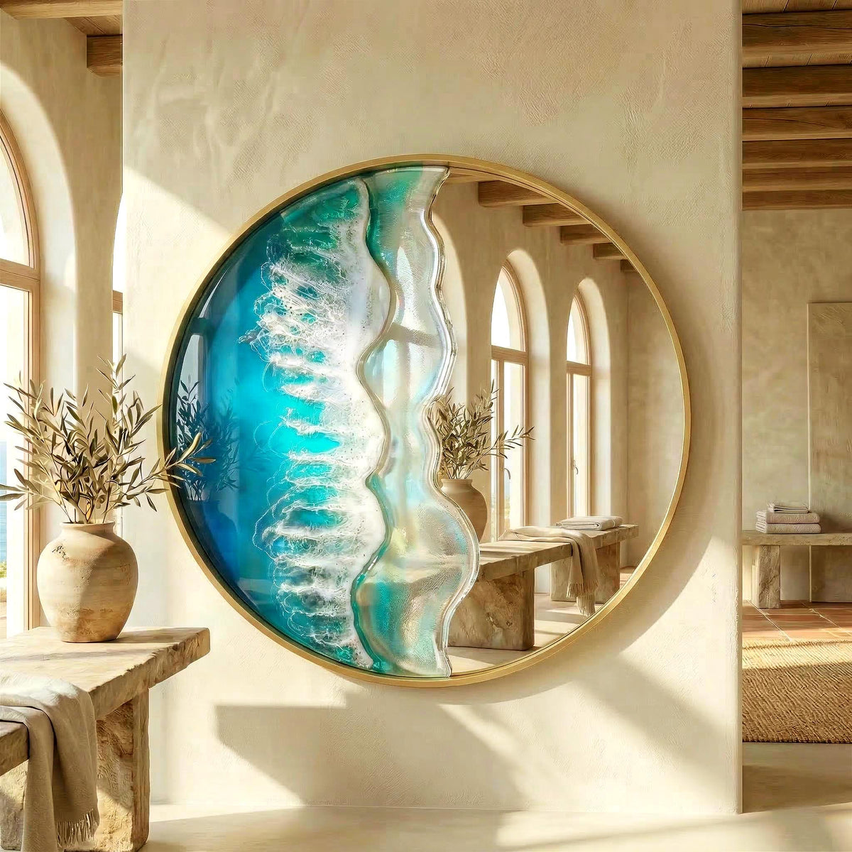 50cm Gold Frame Resin Wave Mirror, Coastal Ocean Wall Mirror, Turquoise Blue Beach House Decor, Round Sea Mirror, Handmade Resin Art