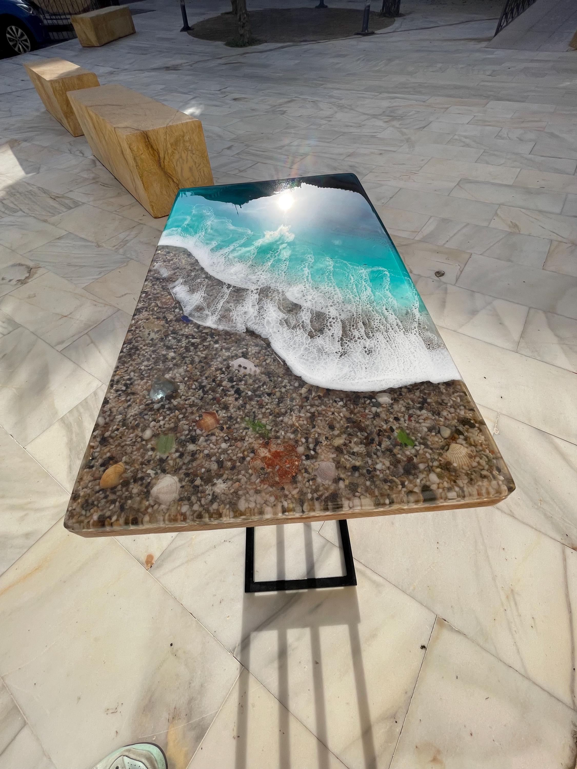 Handmade Resin Ocean Side Table – 3D Ocean Window Coastal C Table – Modern Sofa Table – Functional Resin Art Furniture – Beach House Decor