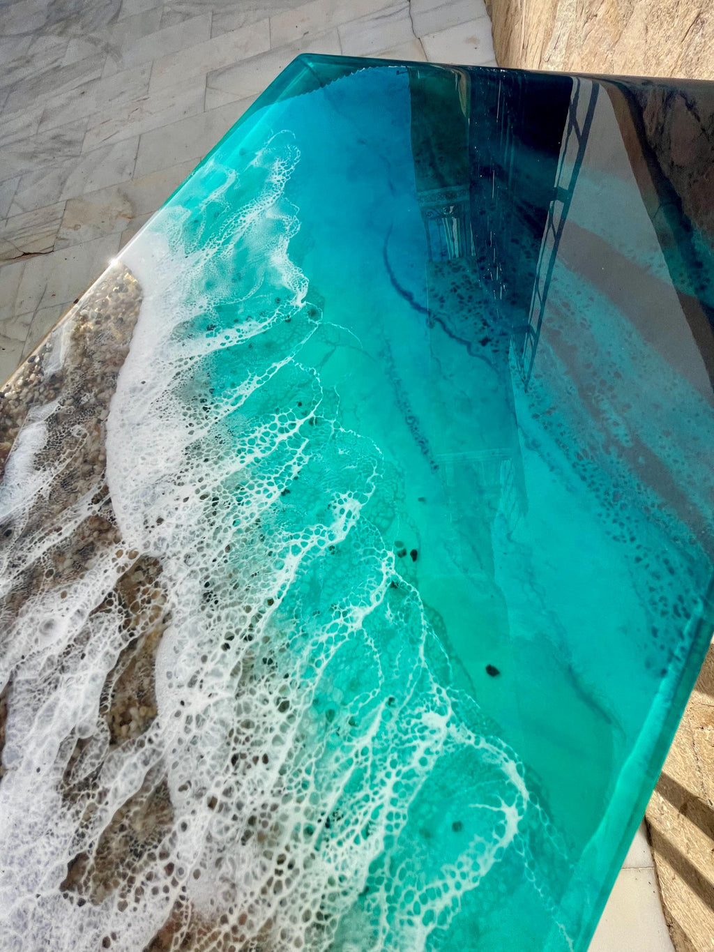 Handmade Resin Ocean Side Table – 3D Ocean Window Coastal C Table – Modern Sofa Table – Functional Resin Art Furniture – Beach House Decor