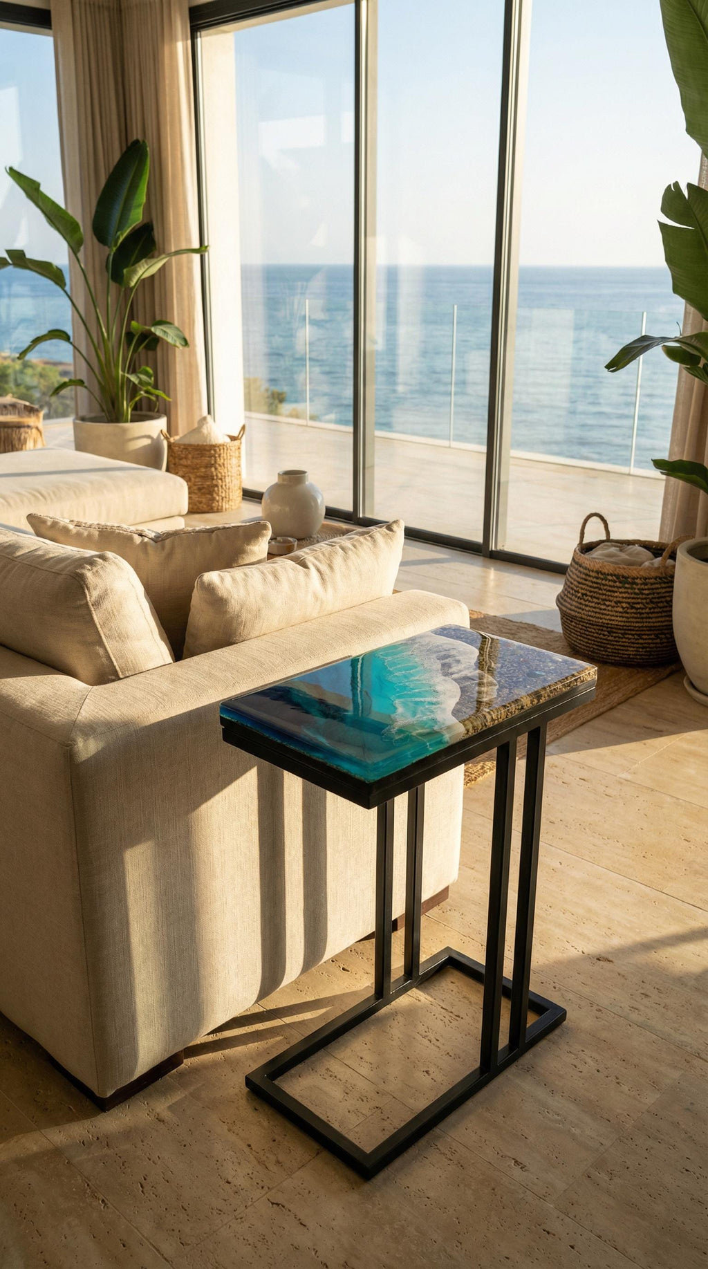 Handmade Resin Ocean Side Table – 3D Ocean Window Coastal C Table – Modern Sofa Table – Functional Resin Art Furniture – Beach House Decor