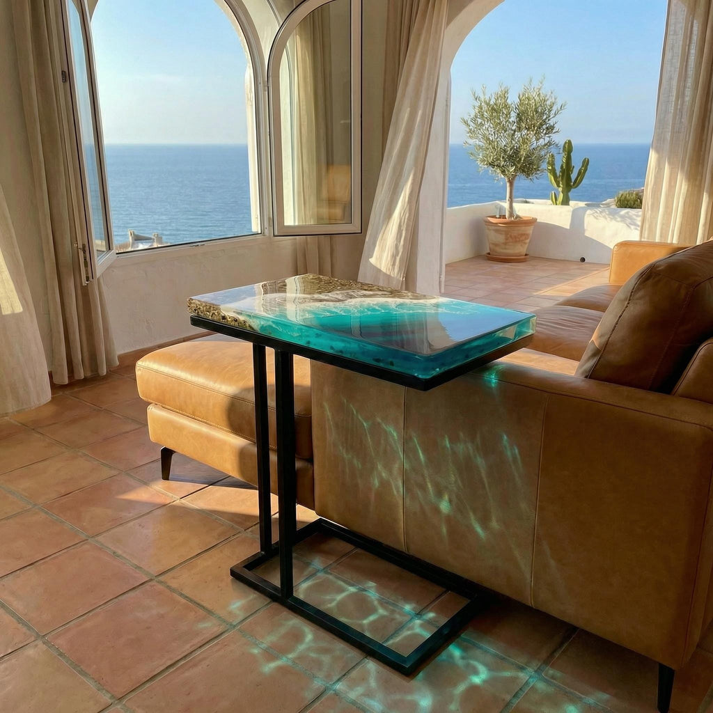 Handmade Resin Ocean Side Table – 3D Ocean Window Coastal C Table – Modern Sofa Table – Functional Resin Art Furniture – Beach House Decor