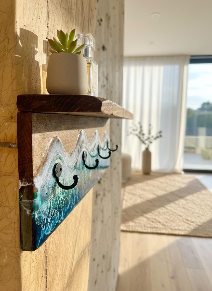 Handmade Resin Coat Rack – Coastal Wall Hook Rack with 3, 4 or 5 Hooks | Ocean-Inspired Entryway Organizer | Functional Resin Art