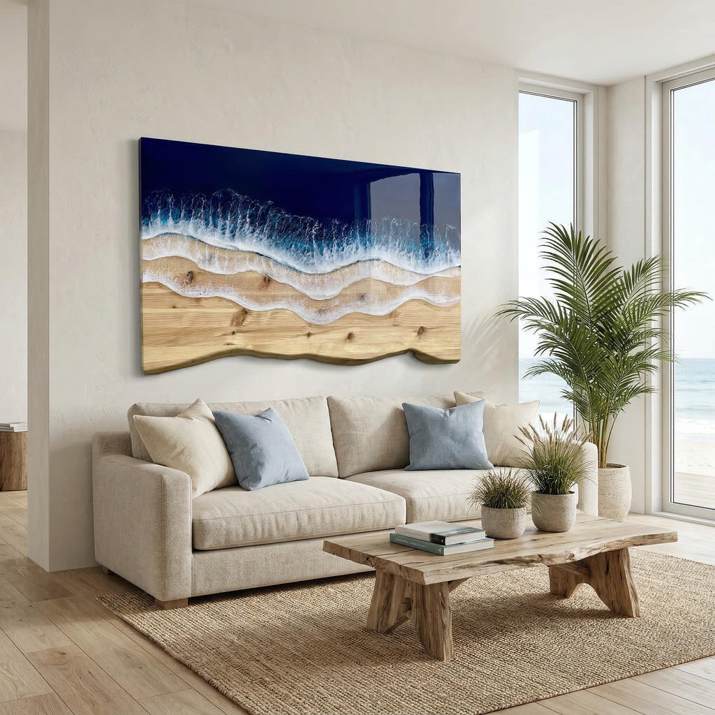 Ocean Resin Wall Art: Live Edge Pine Wood, Deep Blue Waves