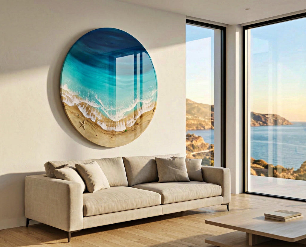 Large Resin Ocean Wall Art – 100cm Round Epoxy Wave Painting – XL 3D Beach Resin Art – Coastal Home Decor – Big Ocean Wall Hanging