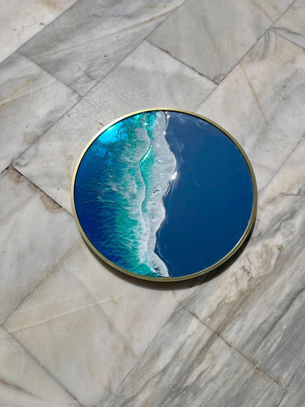 50cm Gold Frame Resin Wave Mirror, Coastal Ocean Wall Mirror, Turquoise Blue Beach House Decor, Round Sea Mirror, Handmade Resin Art