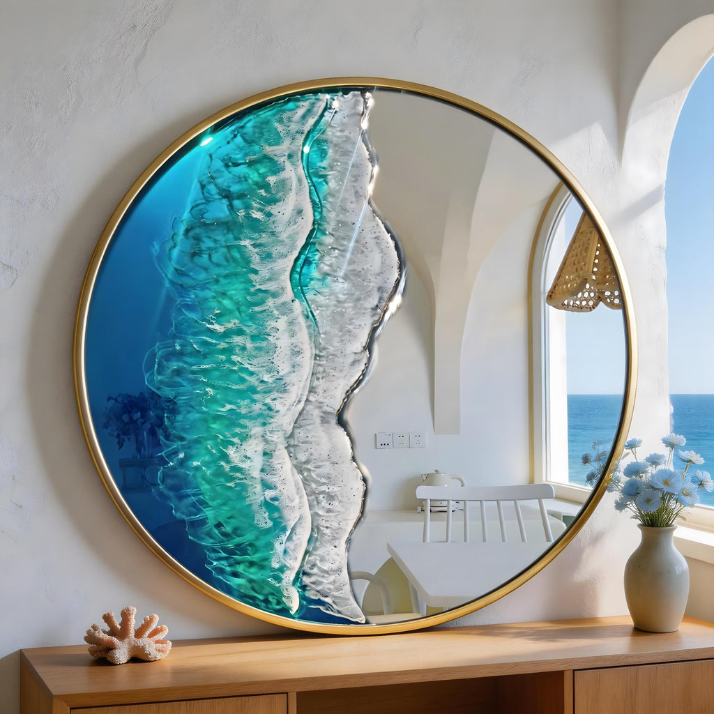 50cm Gold Frame Resin Wave Mirror, Coastal Ocean Wall Mirror, Turquoise Blue Beach House Decor, Round Sea Mirror, Handmade Resin Art