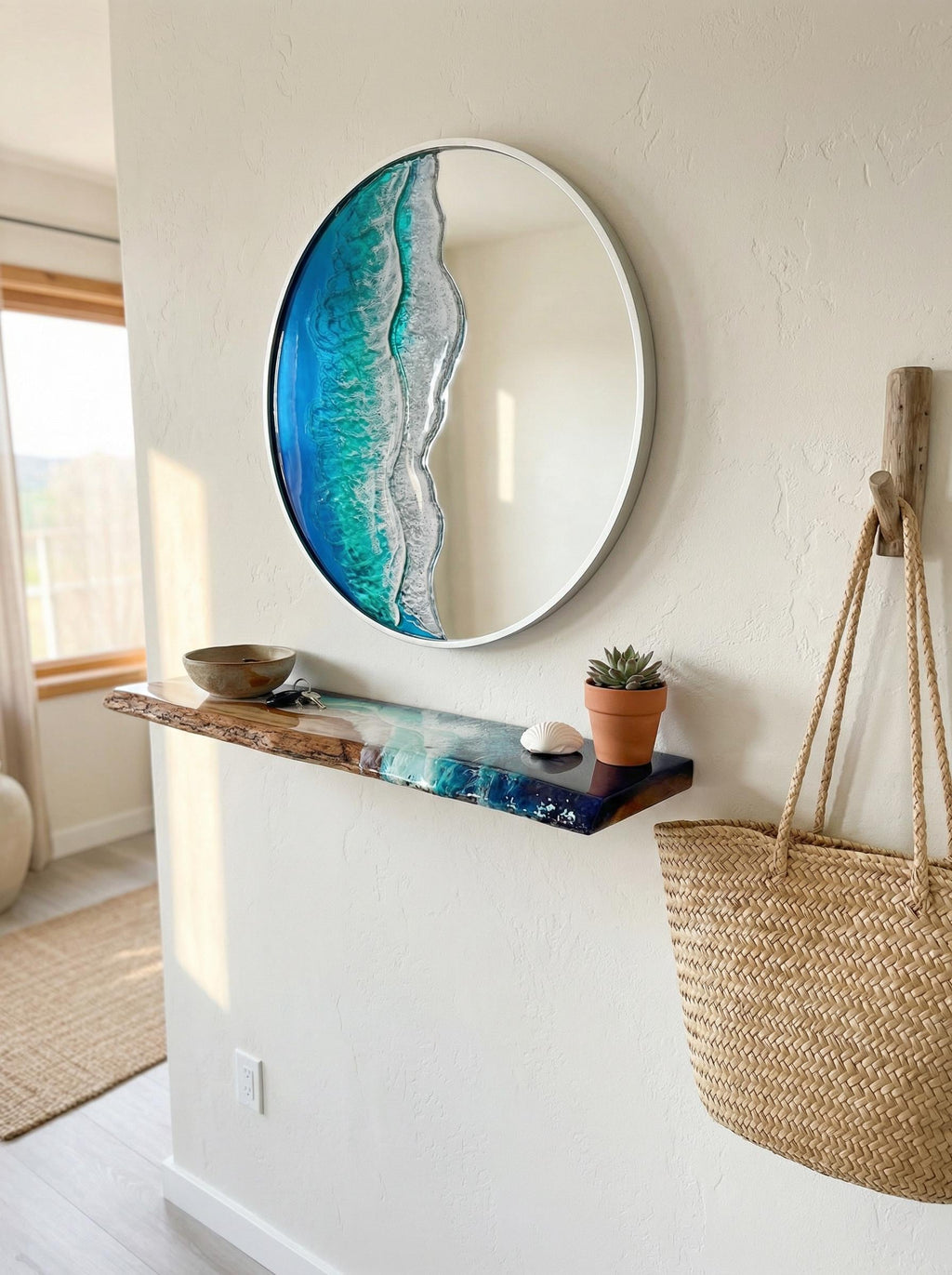50cm Silver Frame Resin Wave Mirror, Coastal Ocean Wall Mirror, Turquoise Blue Beach House Decor, Round Sea Mirror, Handmade Resin Art